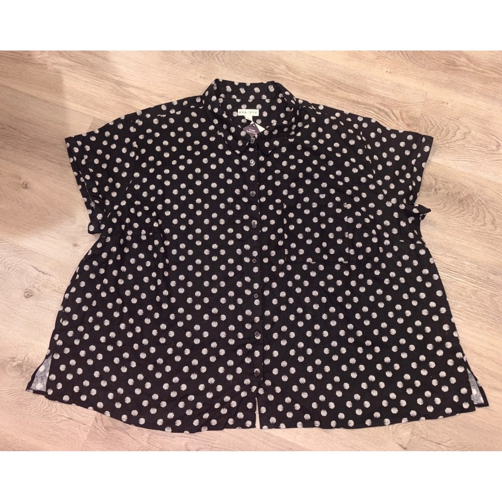 Ava & Viv Womens 4X Black Seashell Print Button Down Shirt No-Gap Front NWT